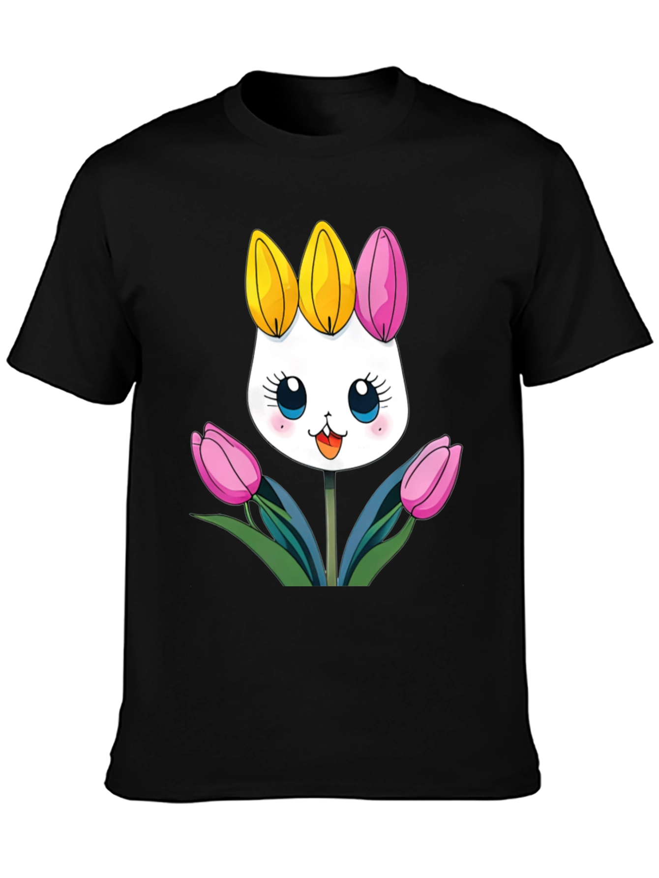 Cute Cartoon Bunny Tulips Black T-Shirt