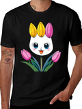 Cute Cartoon Bunny Tulips Black T-Shirt