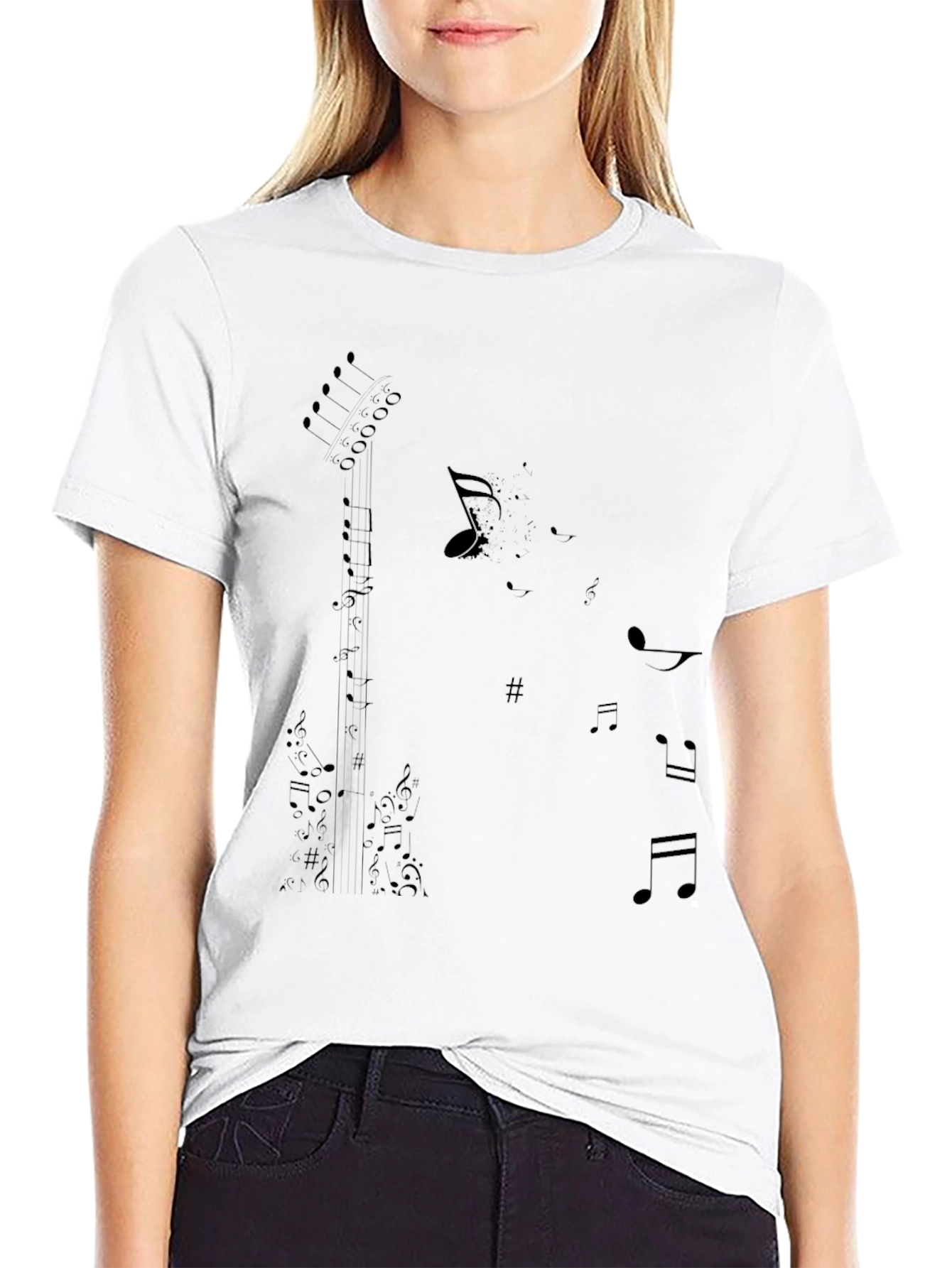 Musical Notes Guitar Graphic Tee - Black
