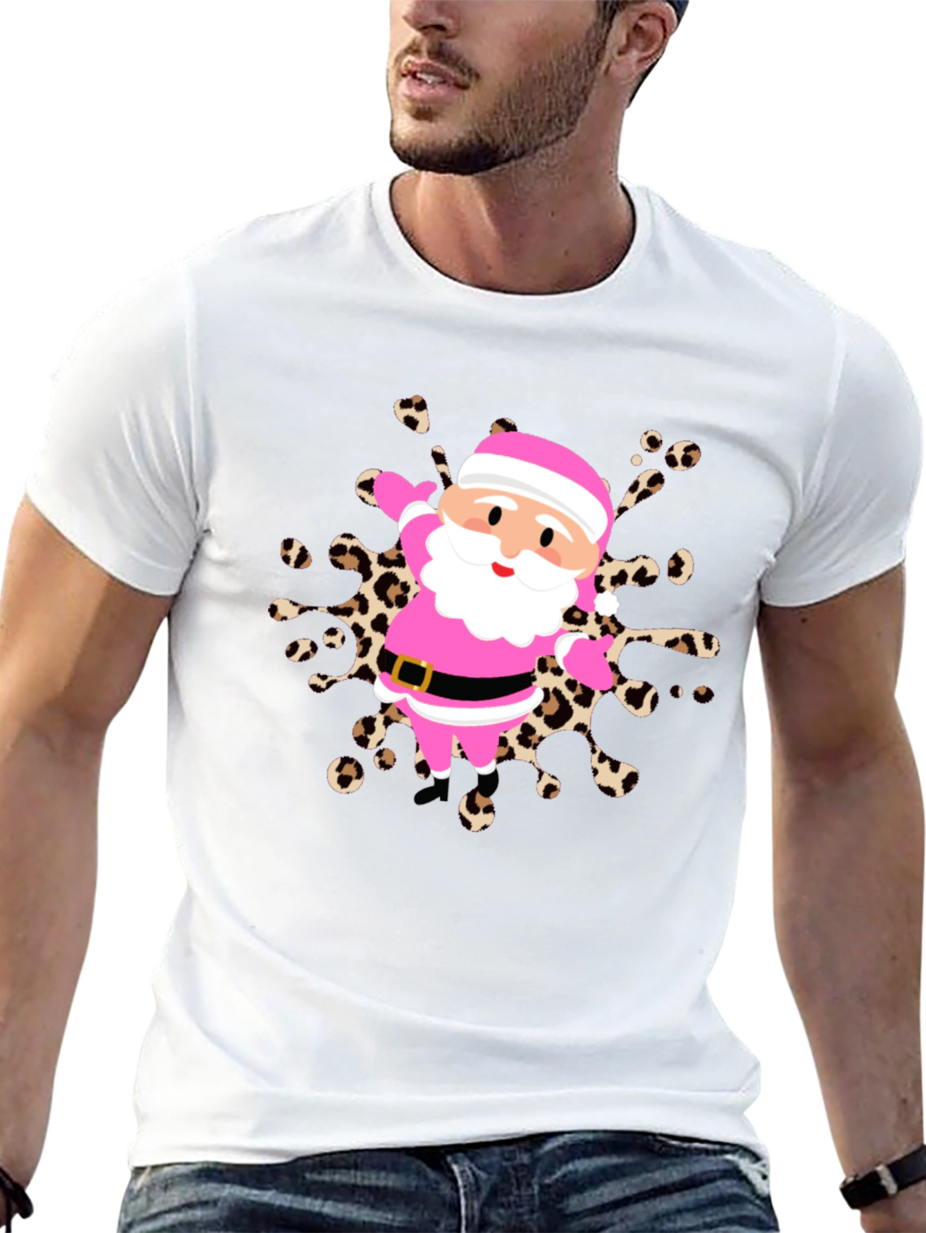 Festive Santa Tee - Pink & Leopard