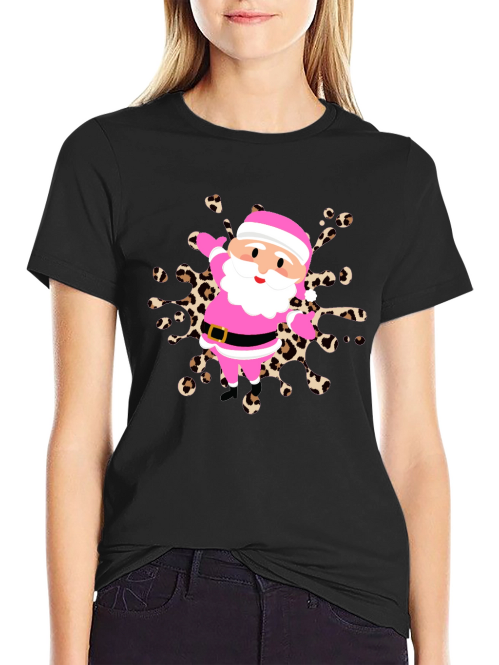 Festive Santa Tee - Pink & Leopard