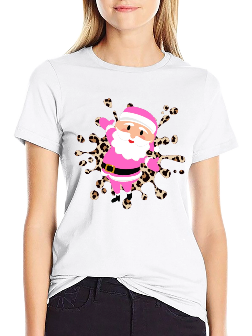 Festive Santa Tee - Pink & Leopard