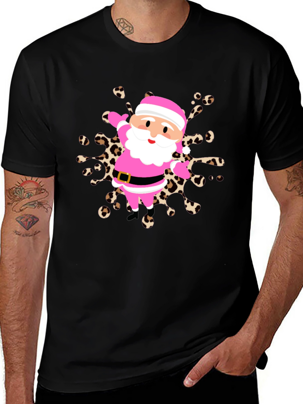 Festive Santa Tee - Pink & Leopard