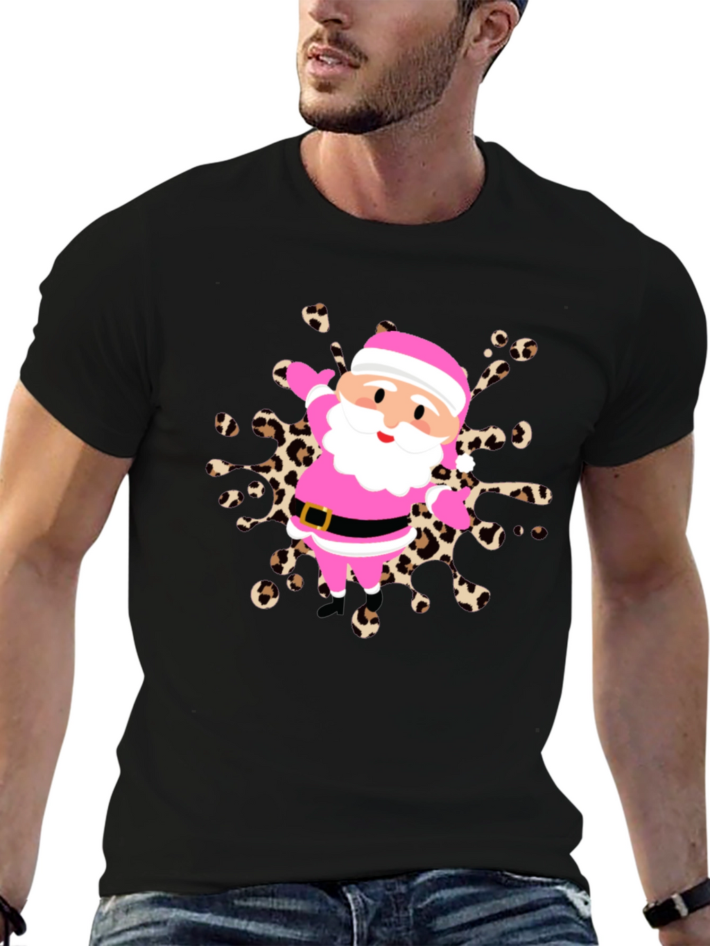 Festive Santa Tee - Pink & Leopard