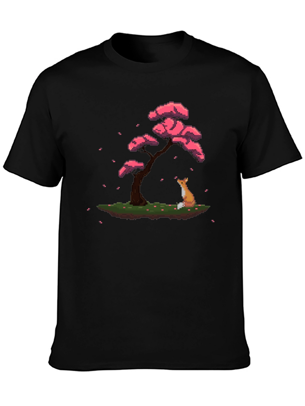 Pixel Art Fox & Sakura Tree Black T-Shirt