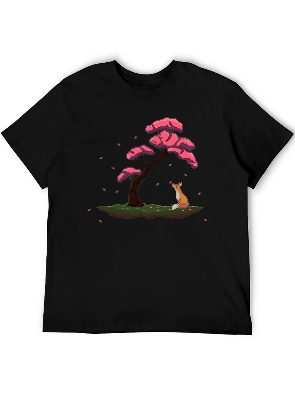 Pixel Art Fox & Sakura Tree Black T-Shirt