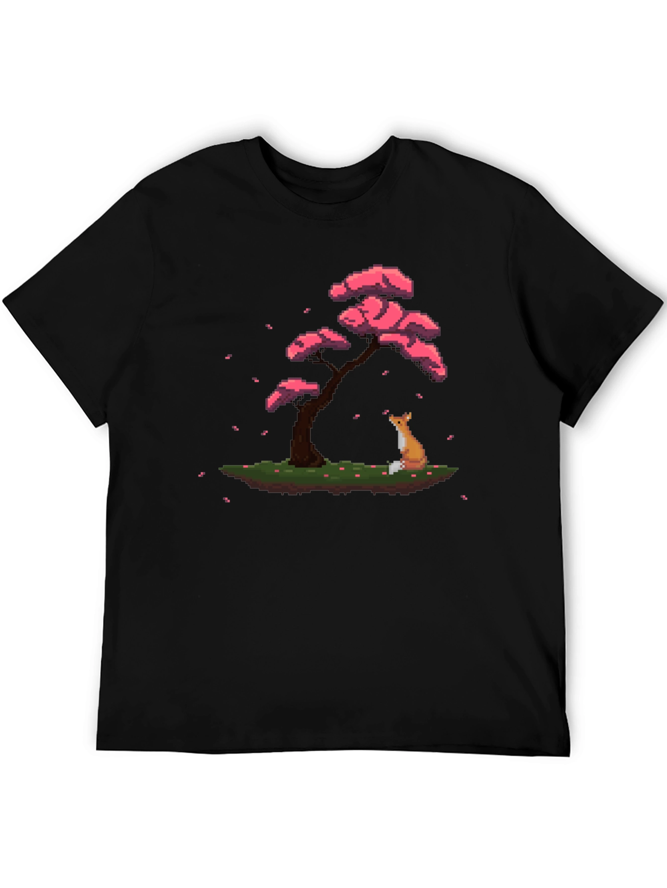 Pixel Art Fox & Sakura Tree Black T-Shirt