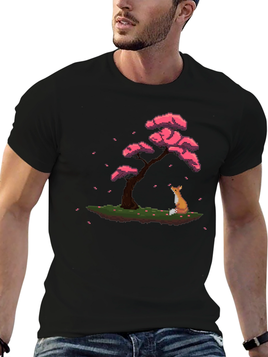 Pixel Art Fox & Sakura Tree Black T-Shirt