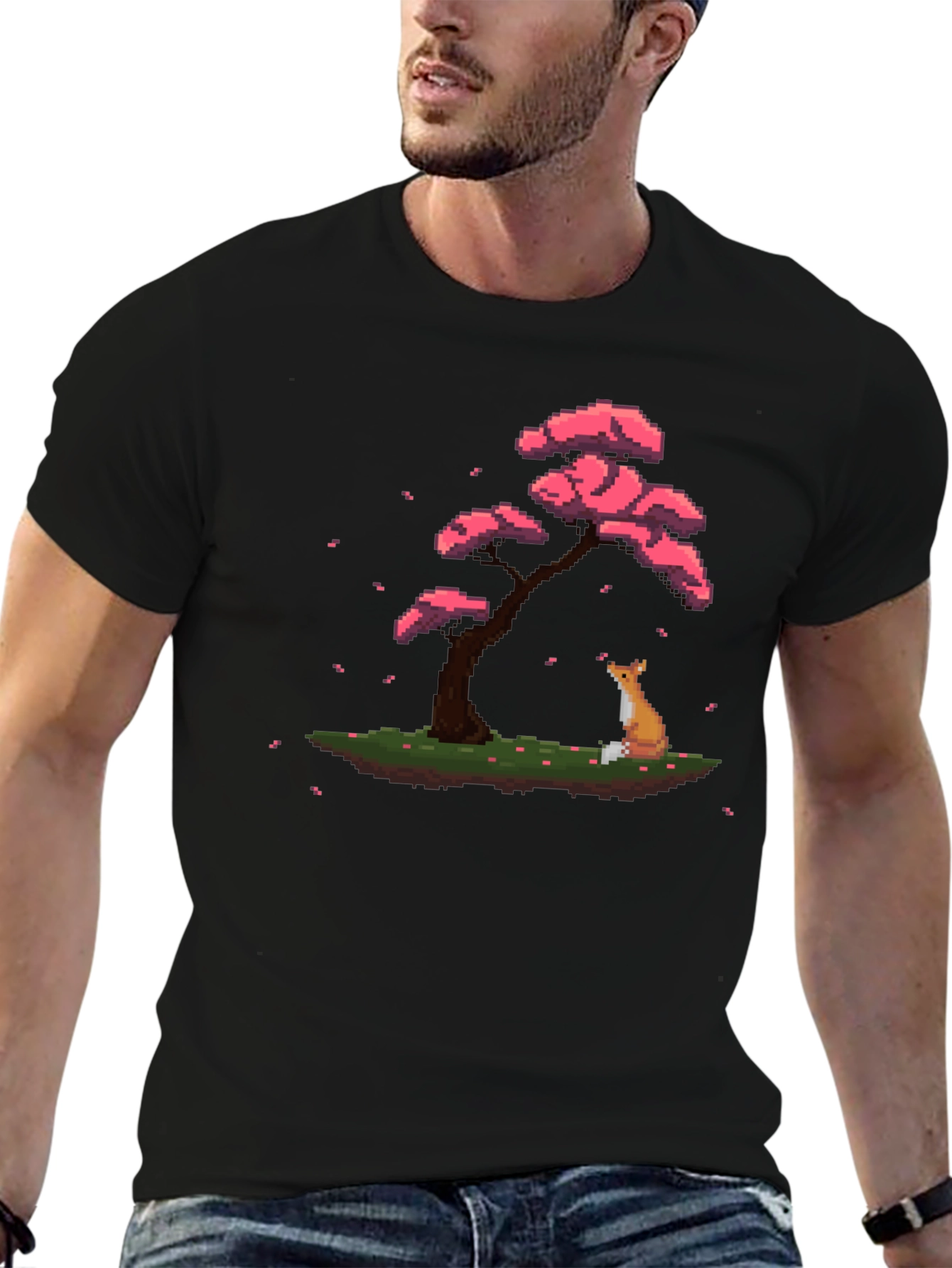 Pixel Art Fox & Sakura Tree Black T-Shirt