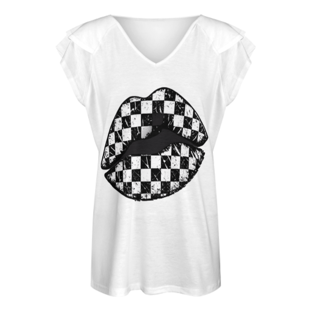 Checkerboard Lips Graphic Tee – Retro Grunge Aesthetic Fashion Shirt for Women(z862)