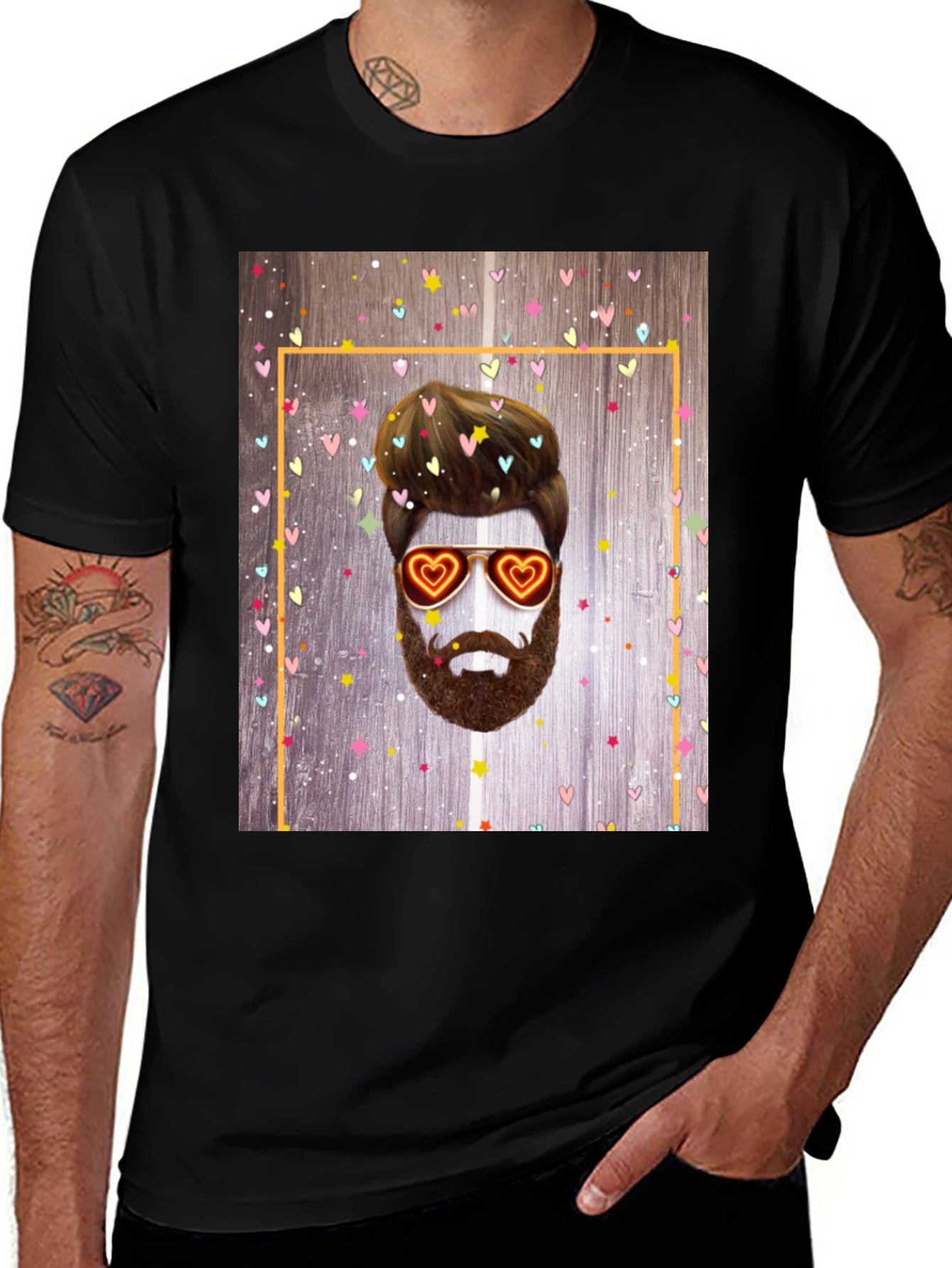 Bearded Man with Heart Glasses Graphic Tee