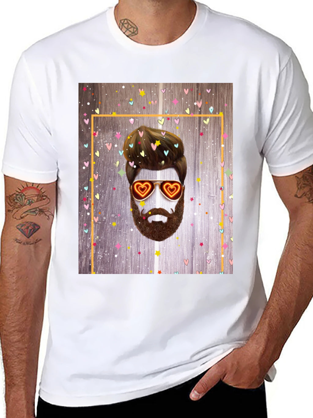Bearded Man with Heart Glasses Graphic Tee
