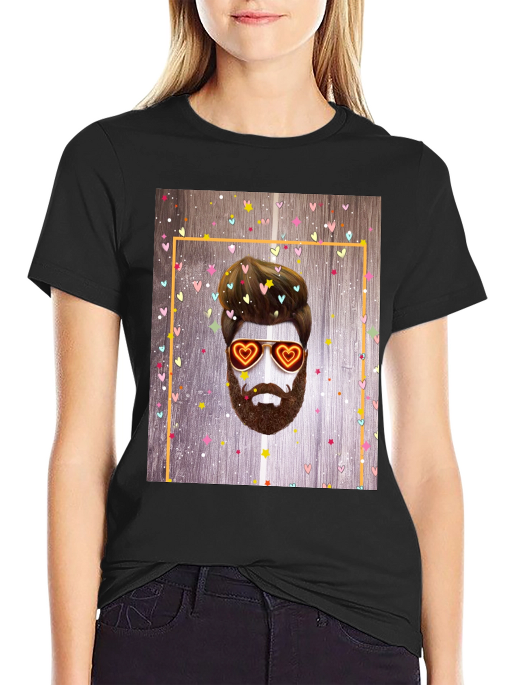 Bearded Man with Heart Glasses Graphic Tee