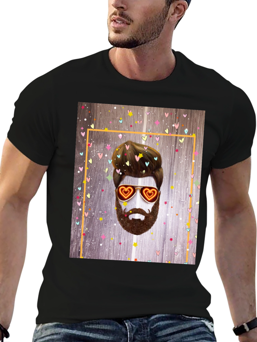 Bearded Man with Heart Glasses Graphic Tee
