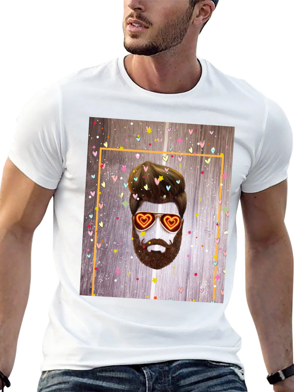 Bearded Man with Heart Glasses Graphic Tee