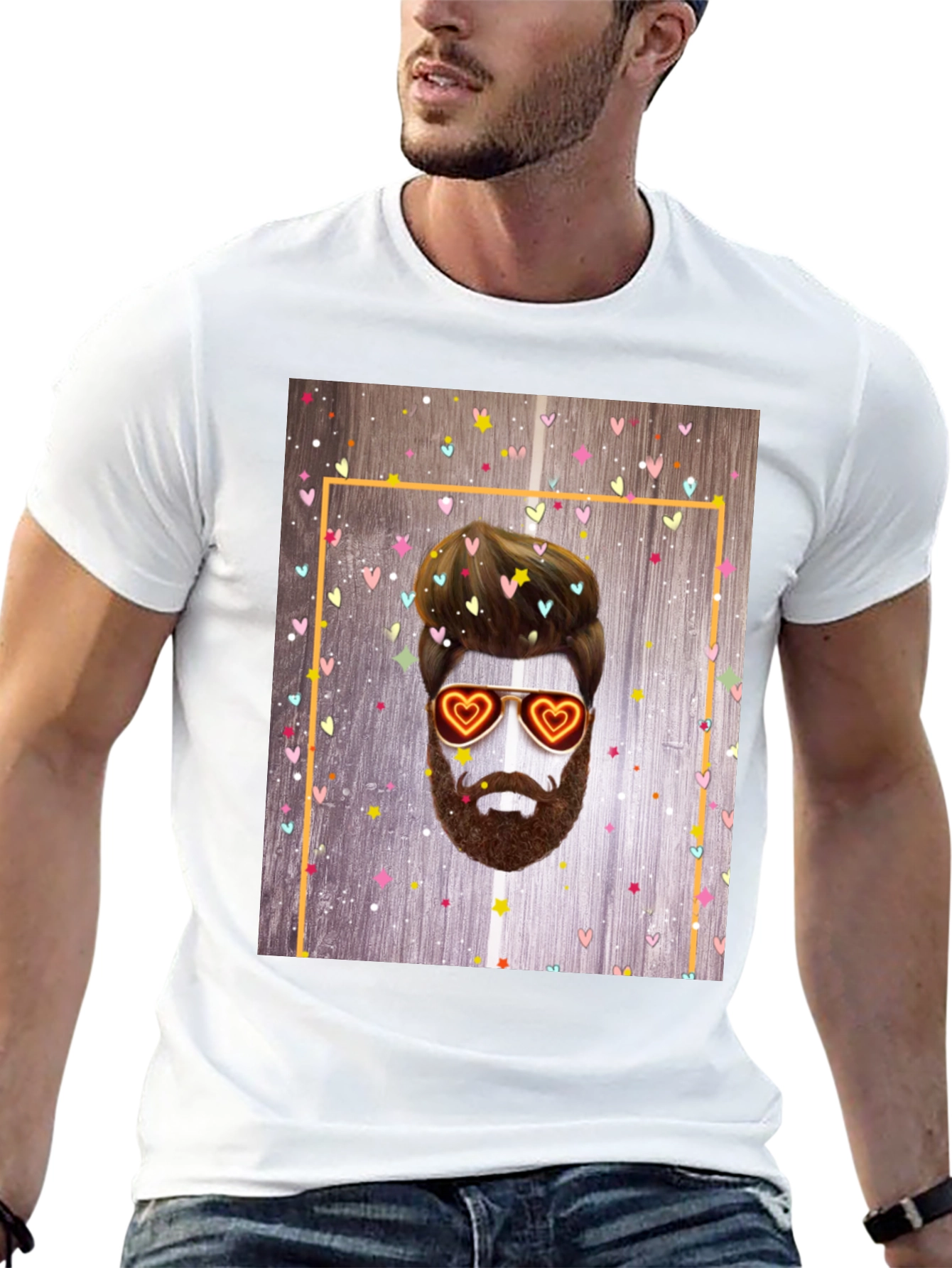 Bearded Man with Heart Glasses Graphic Tee