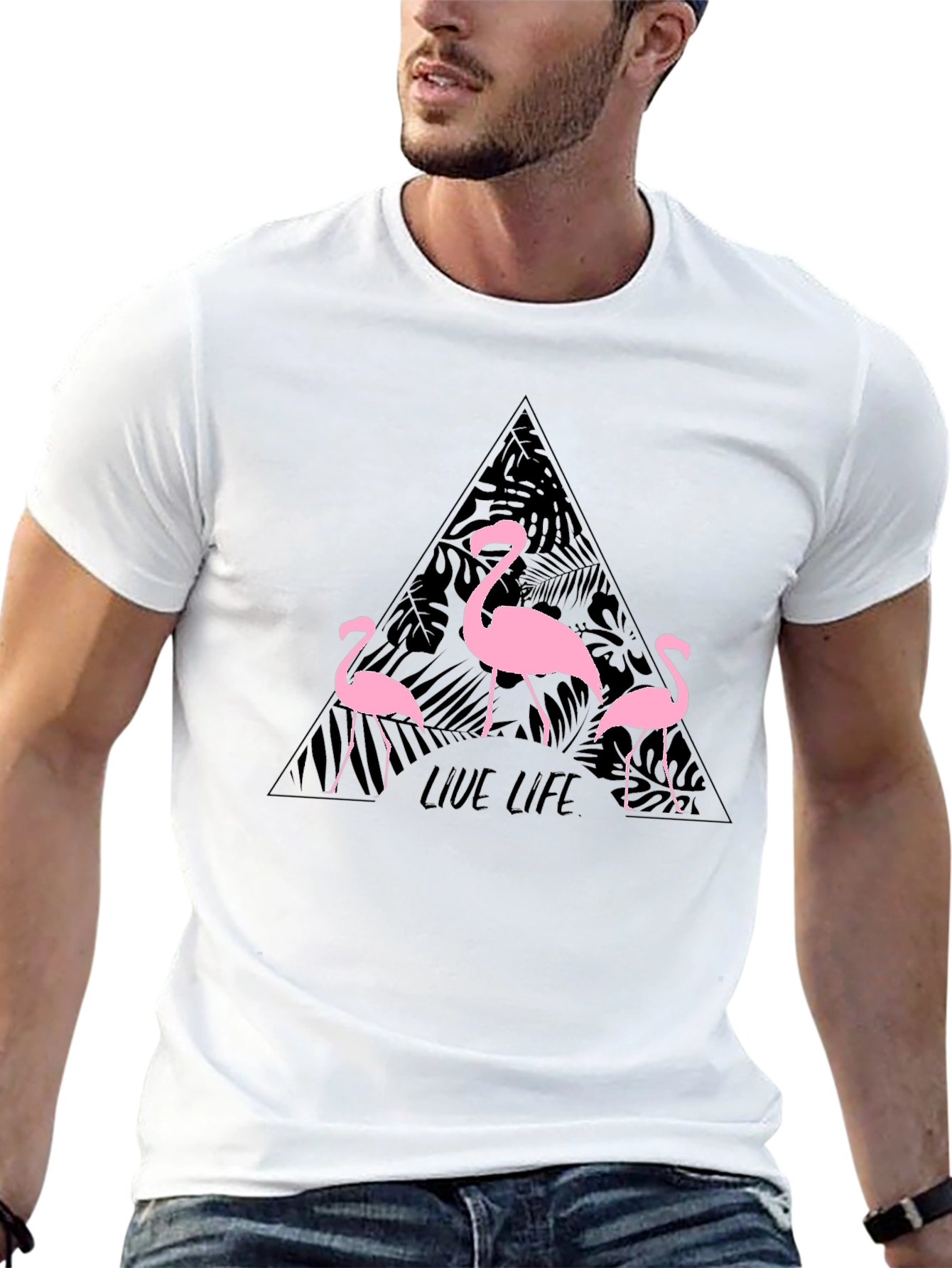 Flamingo Live Life Graphic Print Crew Neck T-Shirt