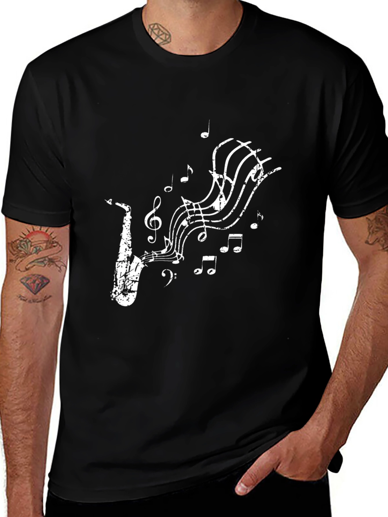 Saxophone Music Note Graphic Tee - Black