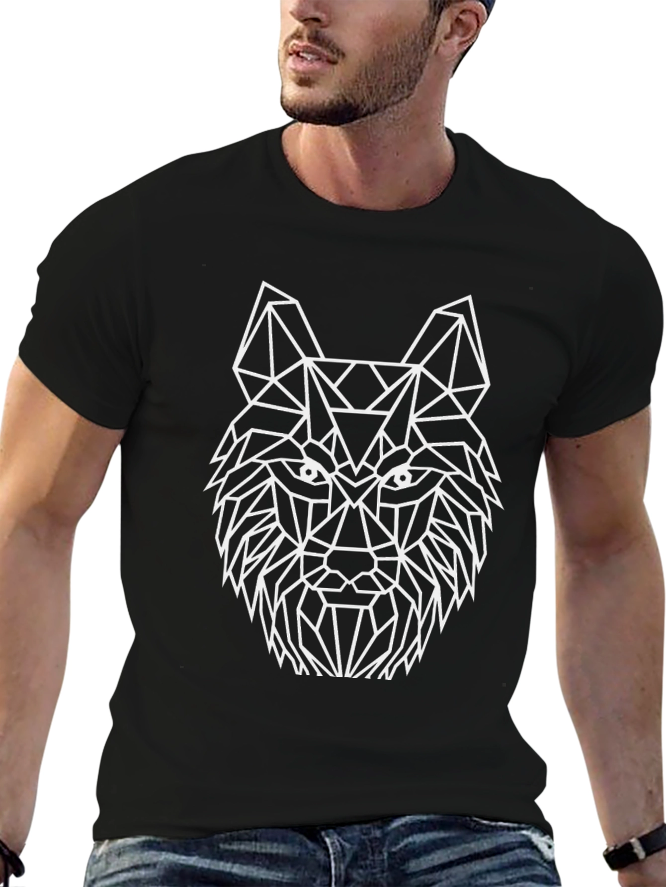 Geometric Wolf Graphic Tee - Black