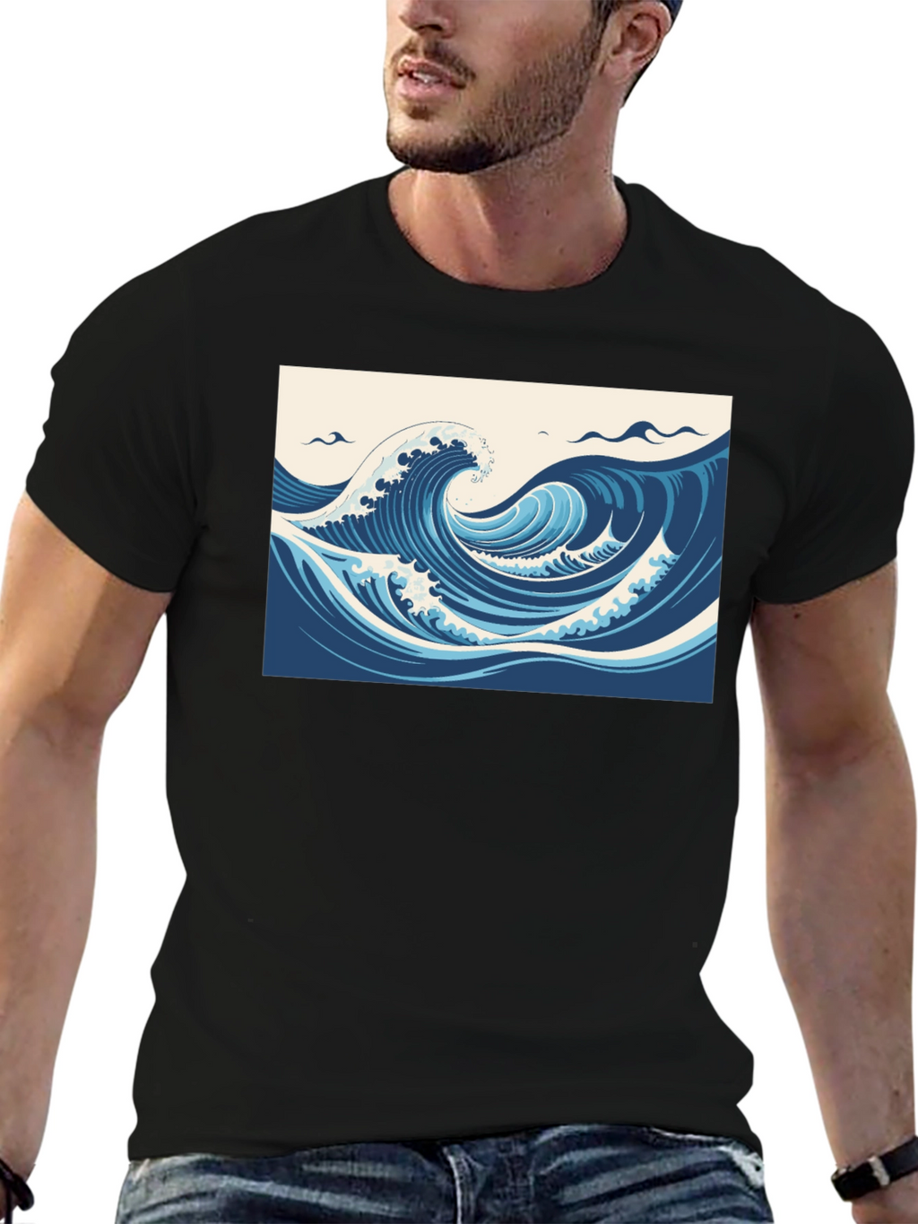 Ocean Wave Graphic Tee - Black Cotton T-Shirt