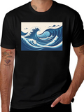 Ocean Wave Graphic Tee - Black Cotton T-Shirt