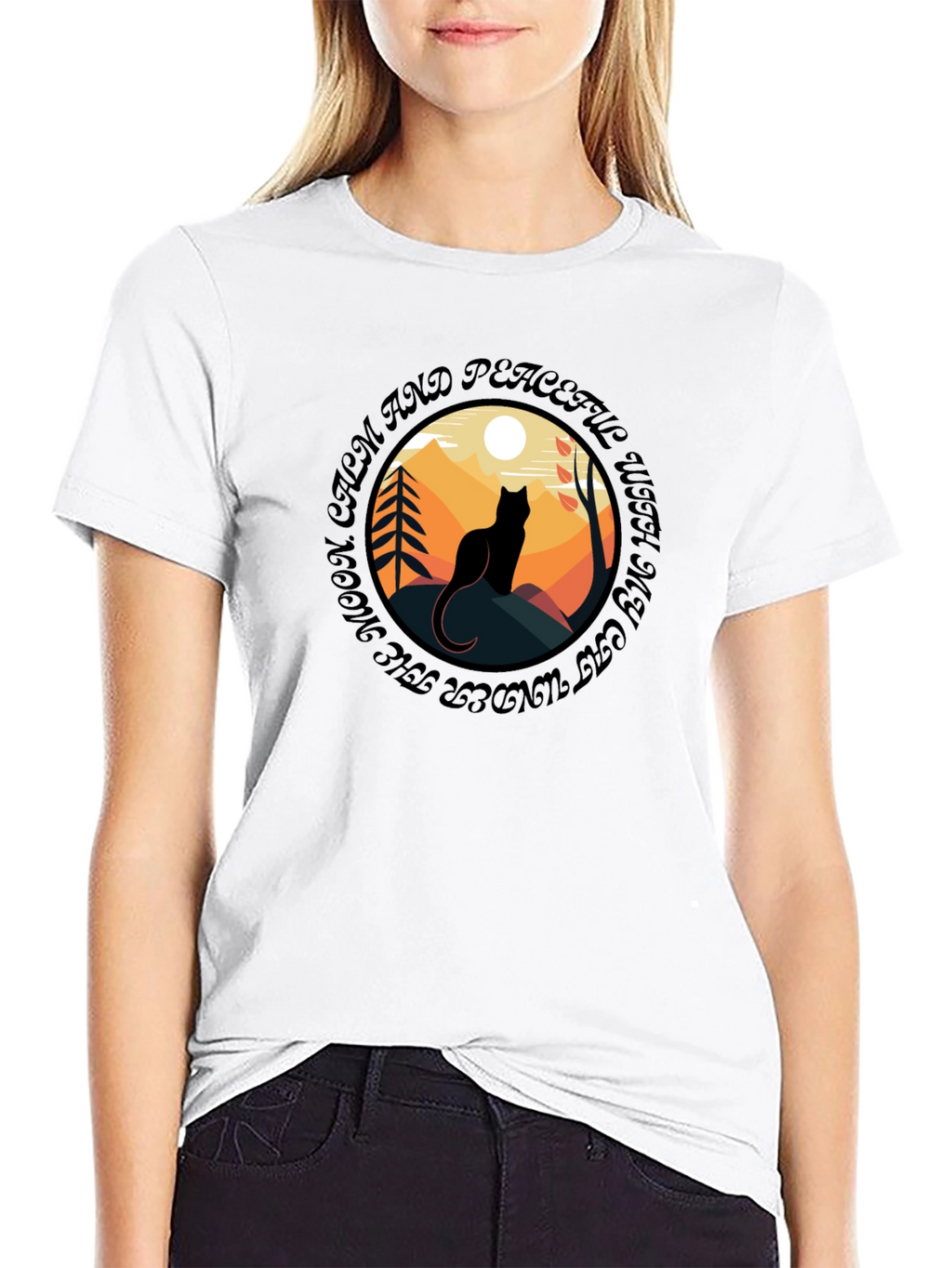 Calm Cat Under Moon T-Shirt - Peaceful Graphic Tee