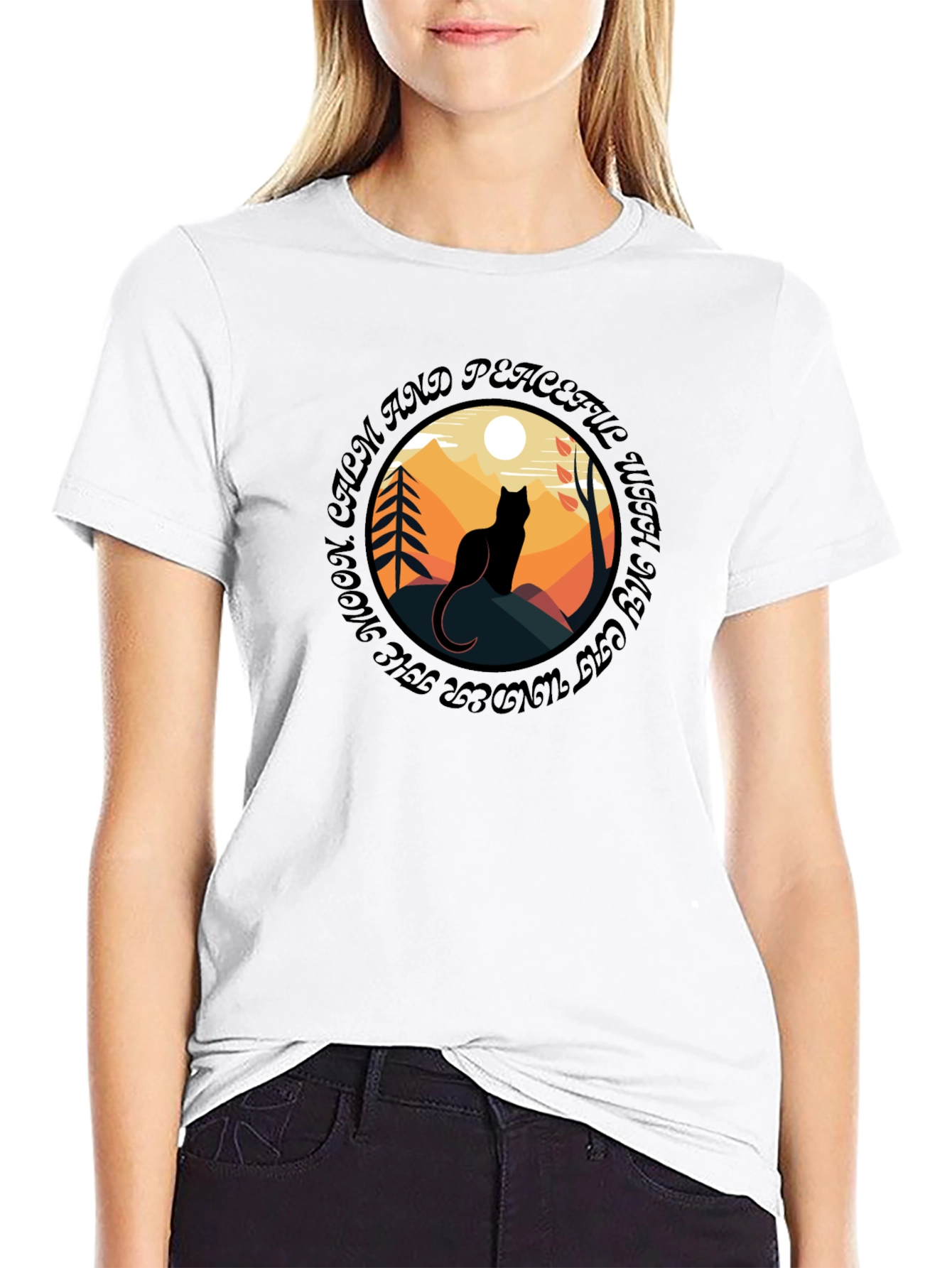 Calm Cat Under Moon T-Shirt - Peaceful Graphic Tee