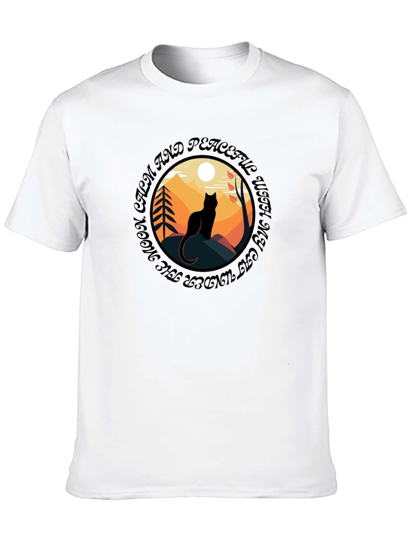 Calm Cat Under Moon T-Shirt - Peaceful Graphic Tee