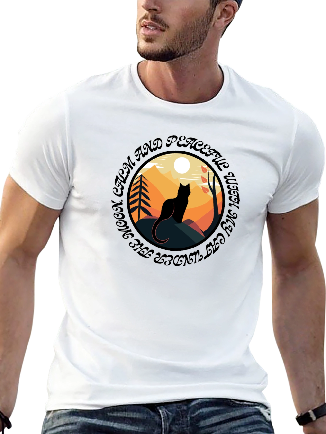 Calm Cat Under Moon T-Shirt - Peaceful Graphic Tee