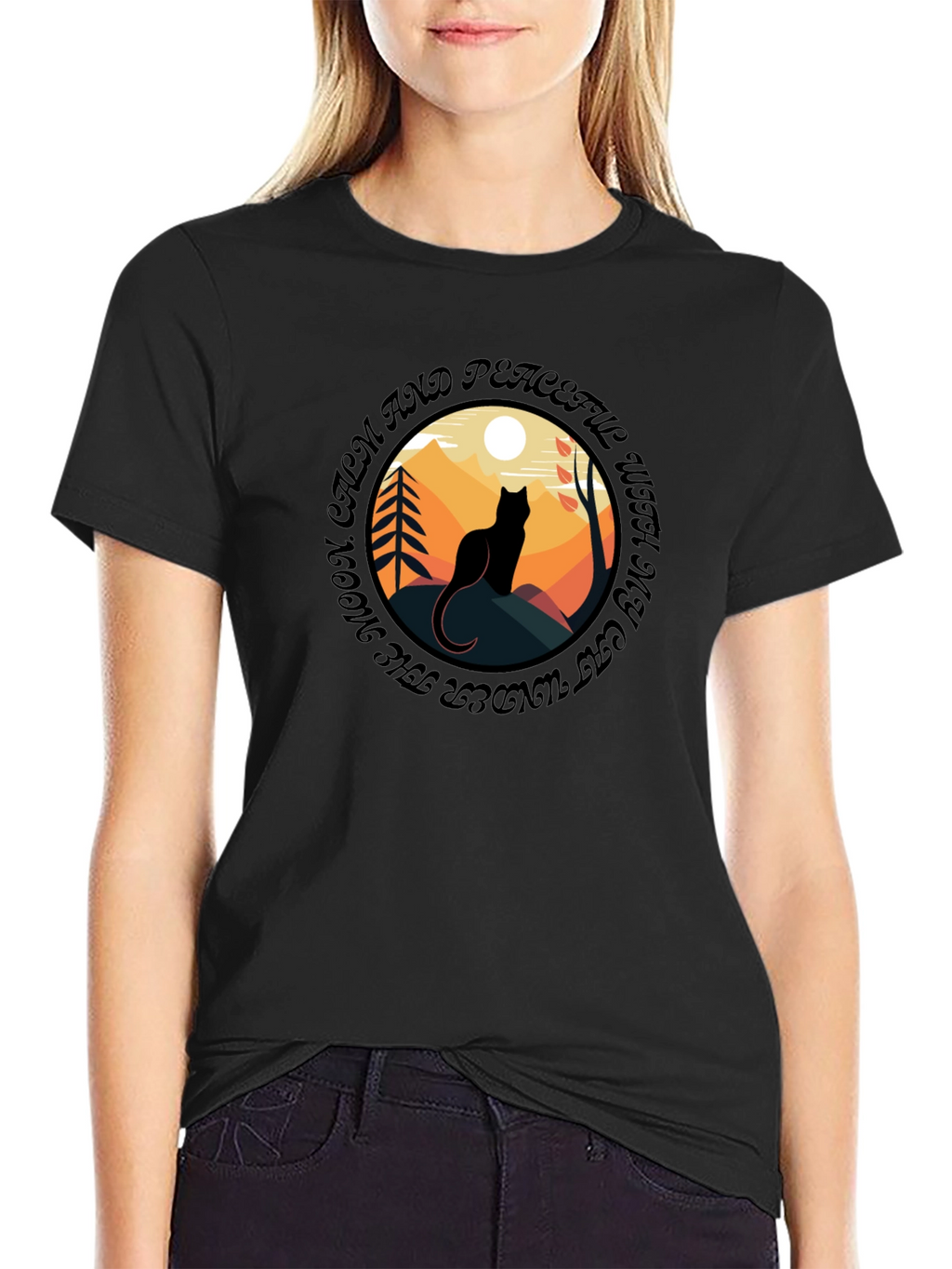 Calm Cat Under Moon T-Shirt - Peaceful Graphic Tee