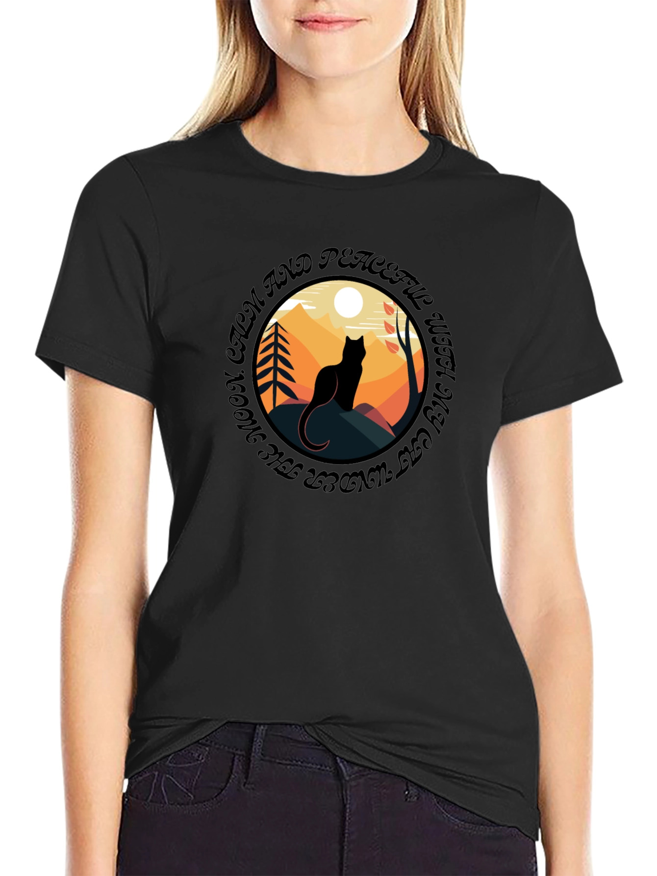 Calm Cat Under Moon T-Shirt - Peaceful Graphic Tee