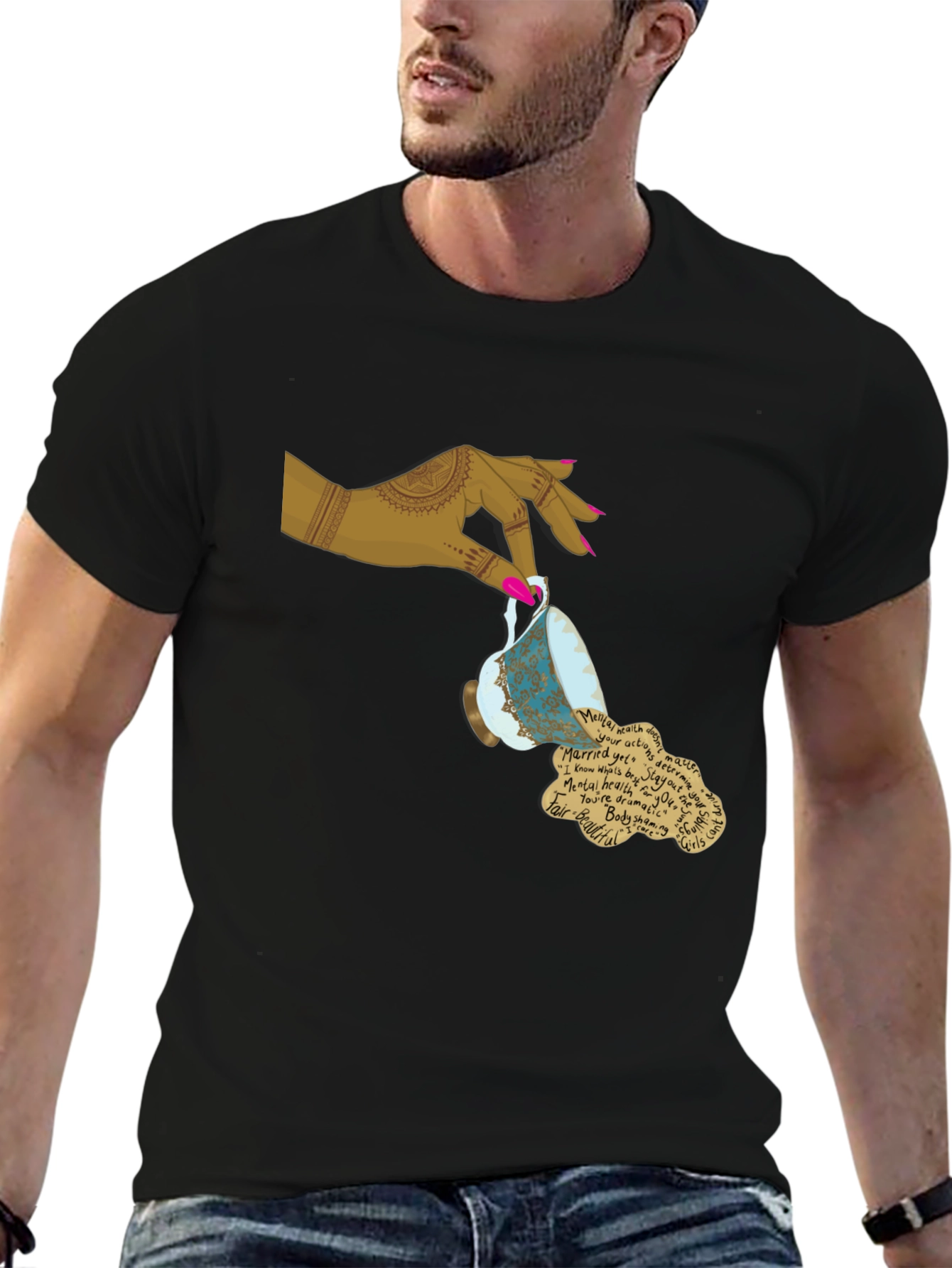 Artistic Teacup Graphic Tee - Black