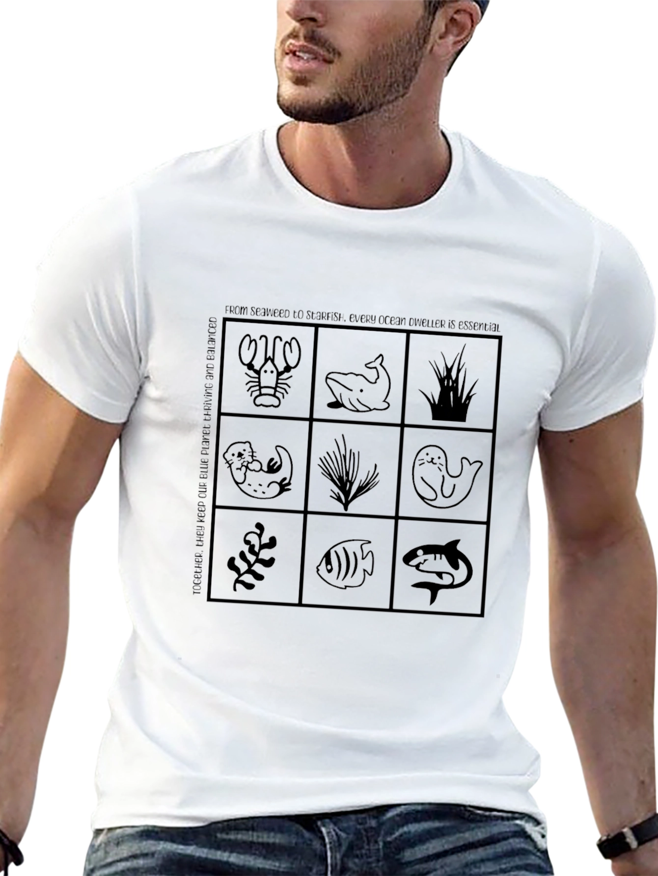 Ocean Life Grid T-Shirt - Black Cotton Tee