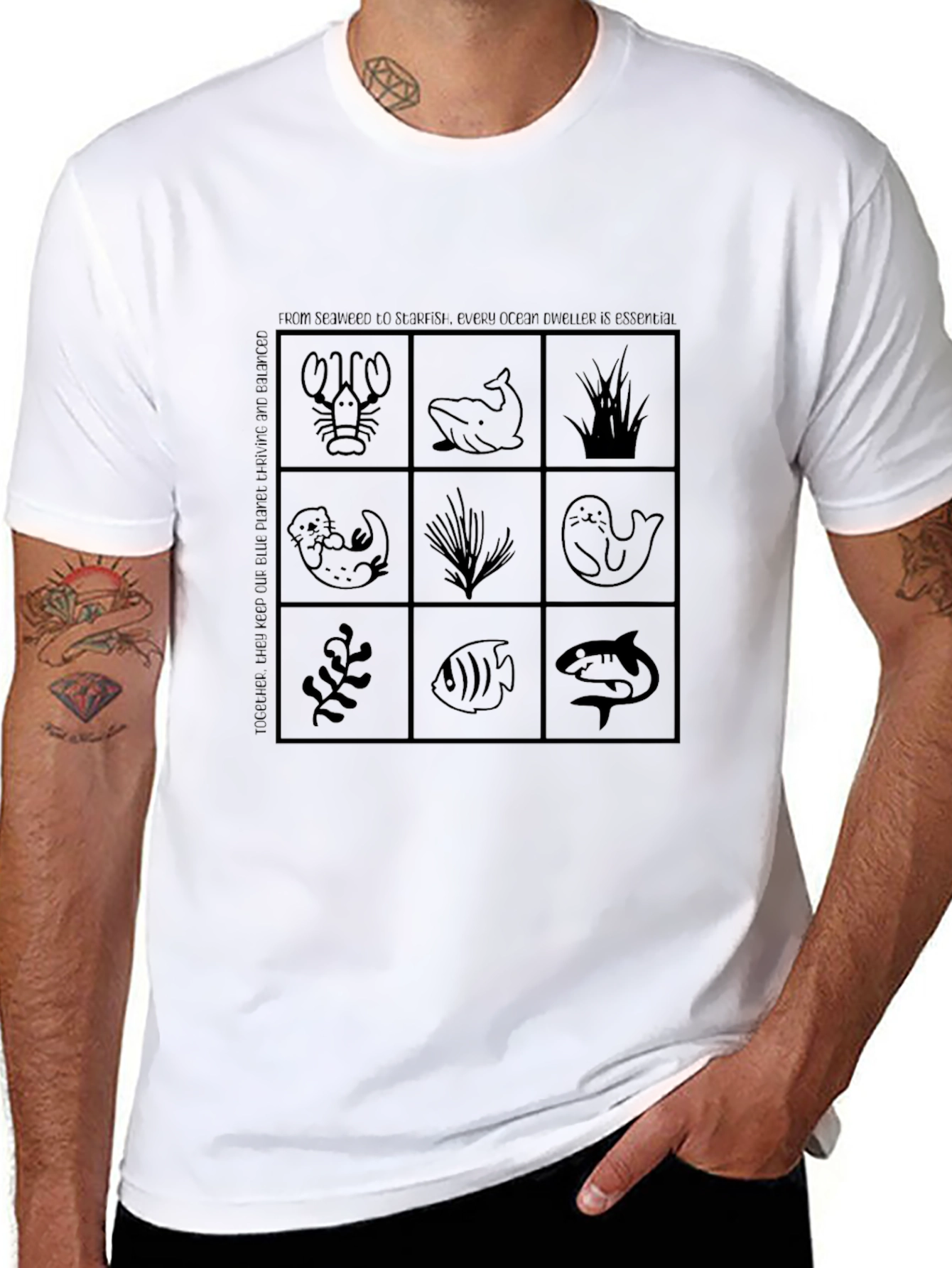 Ocean Life Grid T-Shirt - Black Cotton Tee
