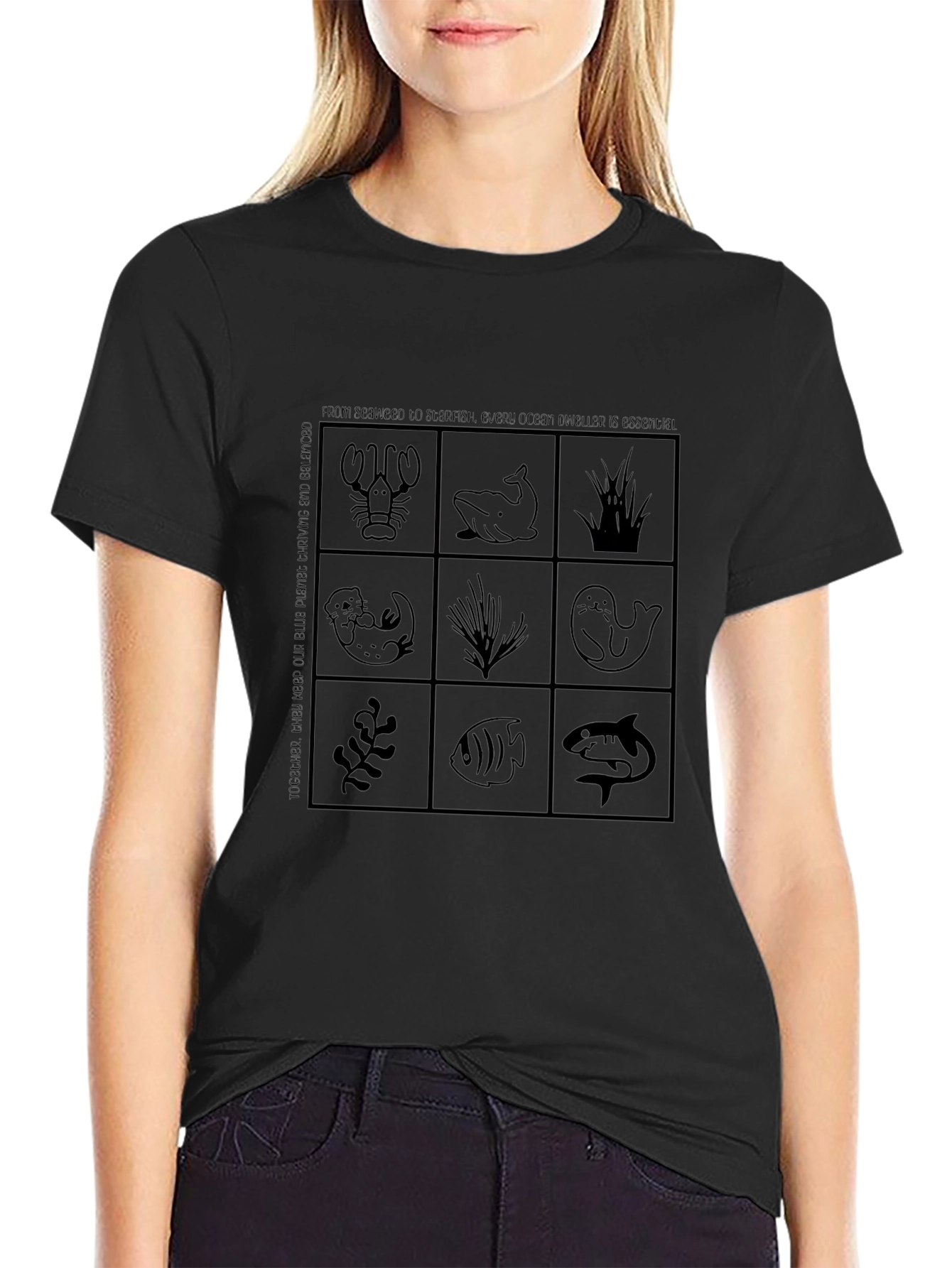 Ocean Life Grid T-Shirt - Black Cotton Tee