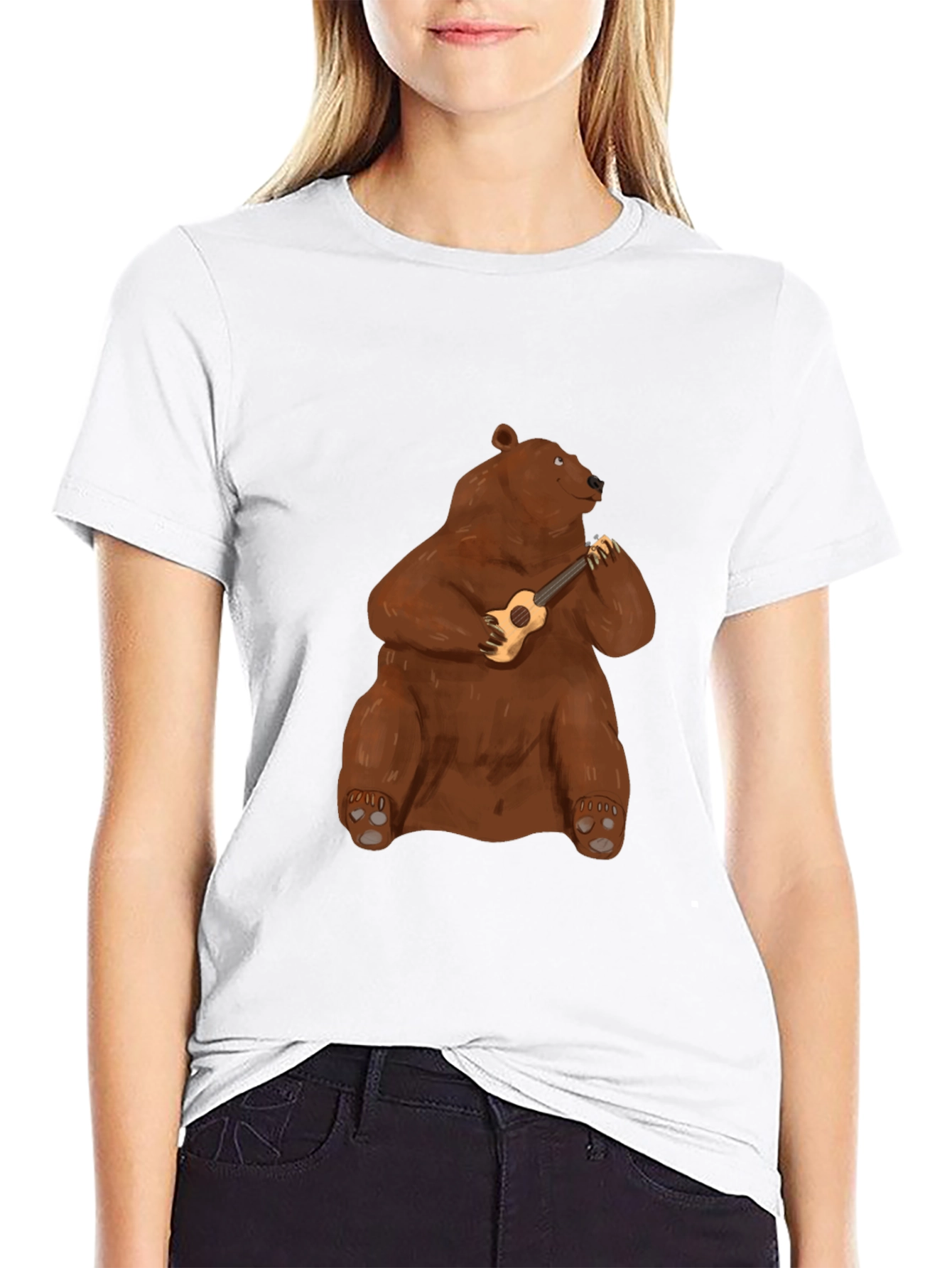 Bear Playing Ukulele Black T-Shirt