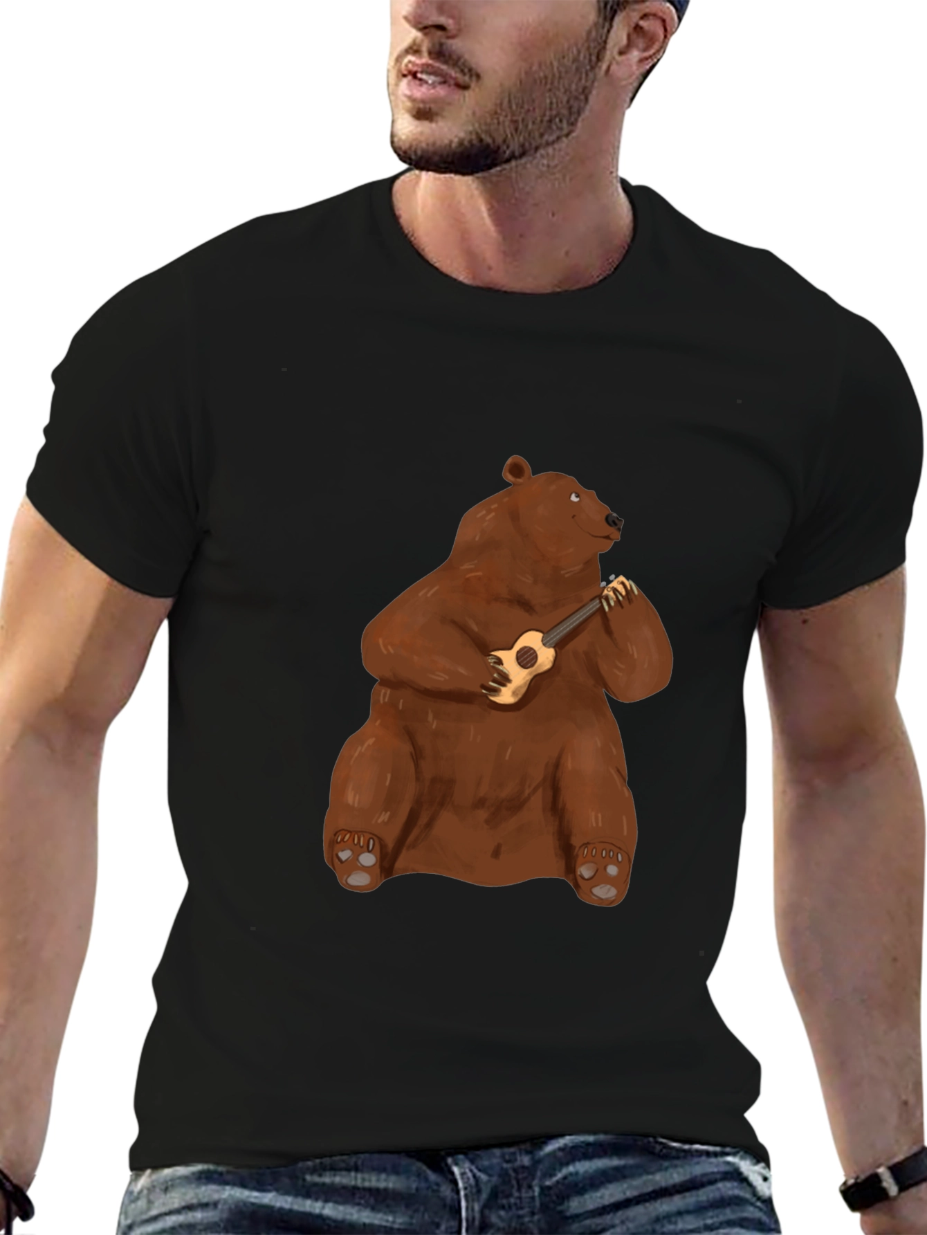 Bear Playing Ukulele Black T-Shirt