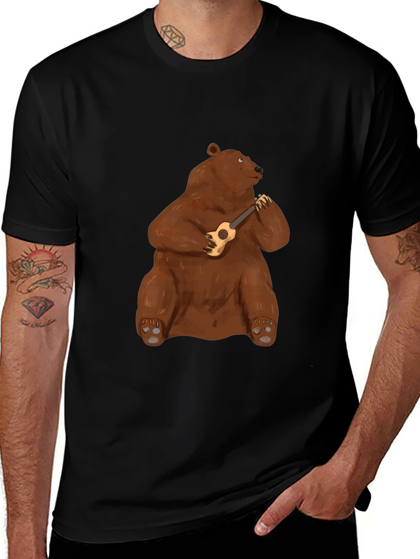 Bear Playing Ukulele Black T-Shirt