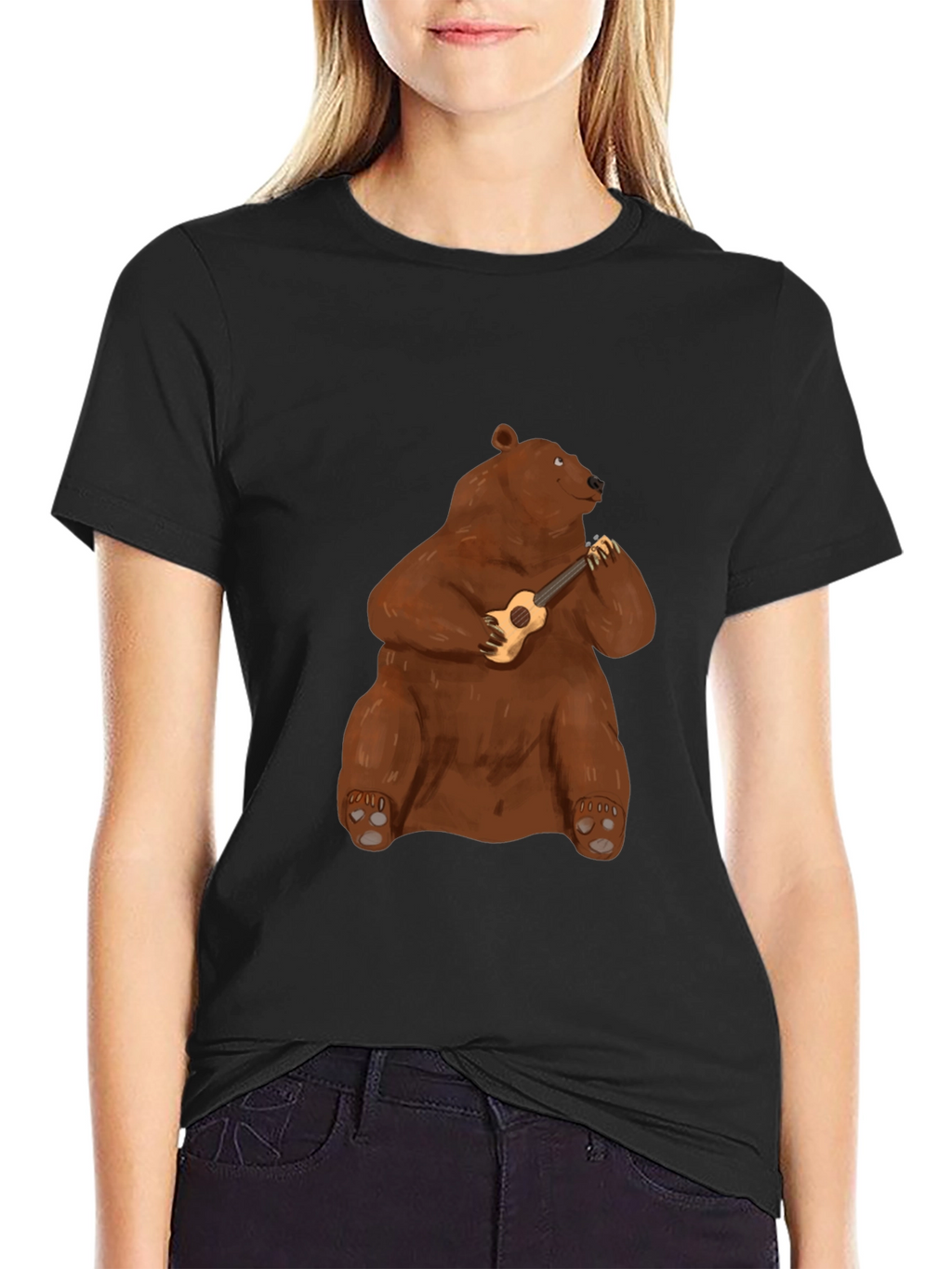 Bear Playing Ukulele Black T-Shirt