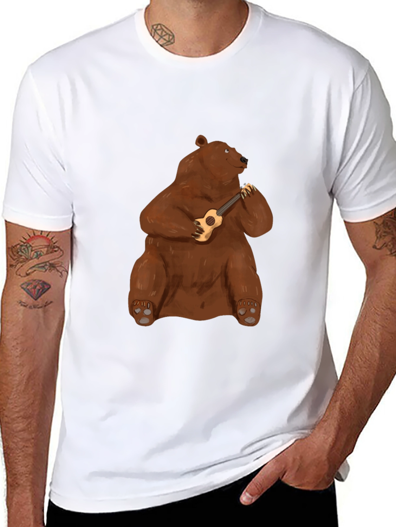 Bear Playing Ukulele Black T-Shirt
