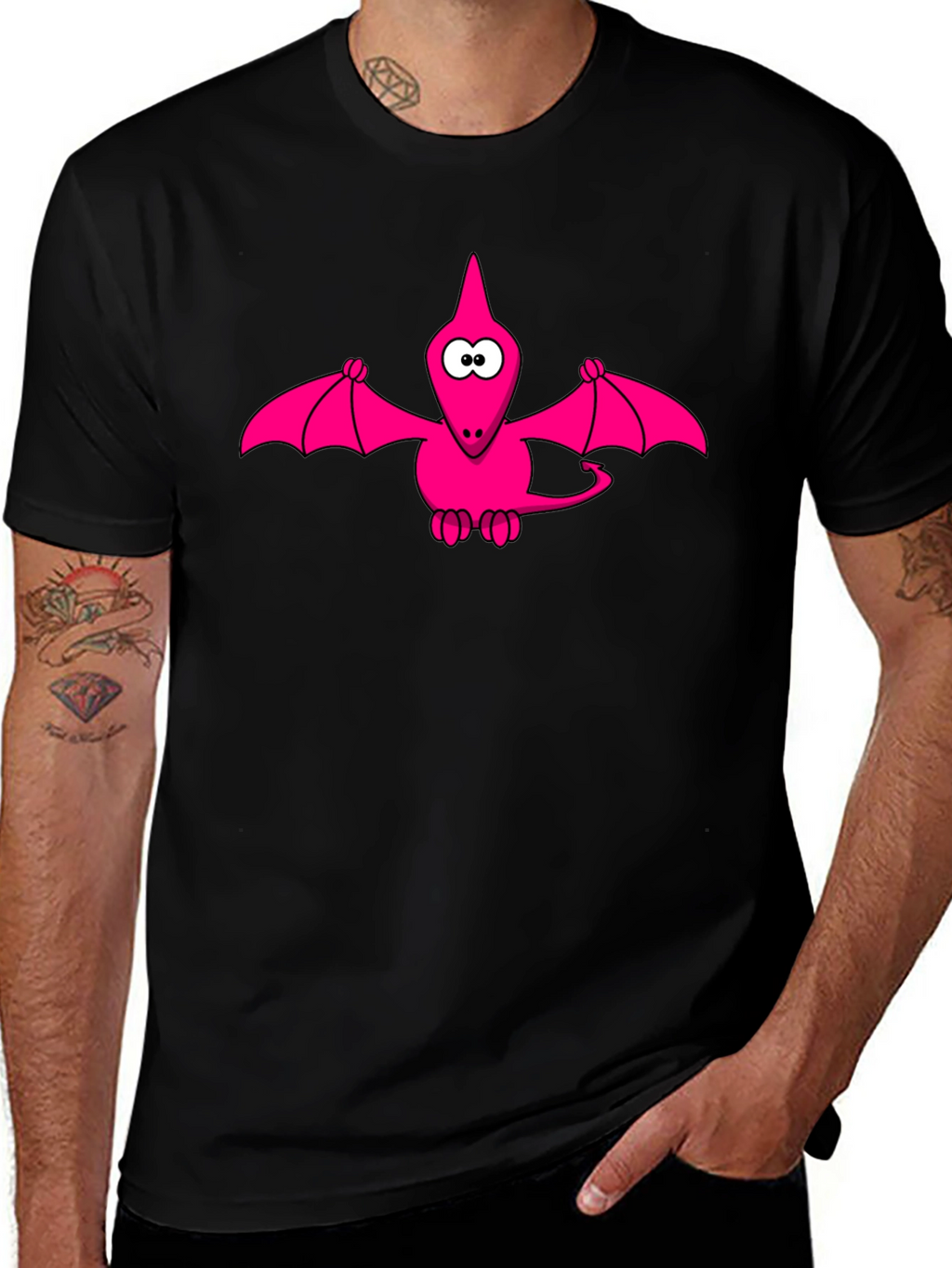 Pink Cartoon Pterodactyl Black T-Shirt