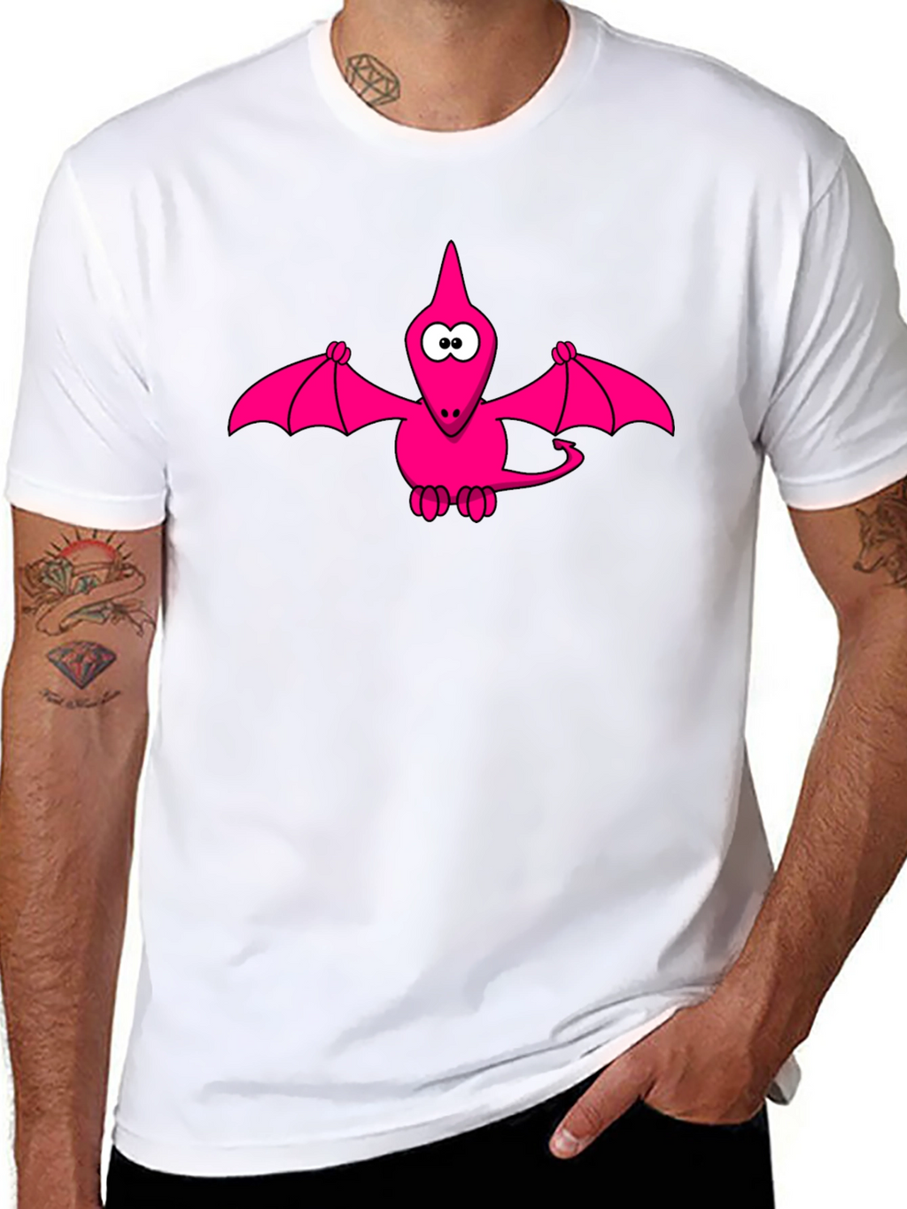 Pink Cartoon Pterodactyl Black T-Shirt