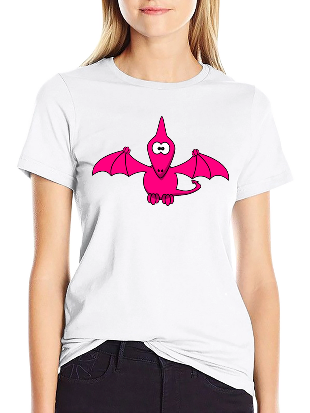 Pink Cartoon Pterodactyl Black T-Shirt