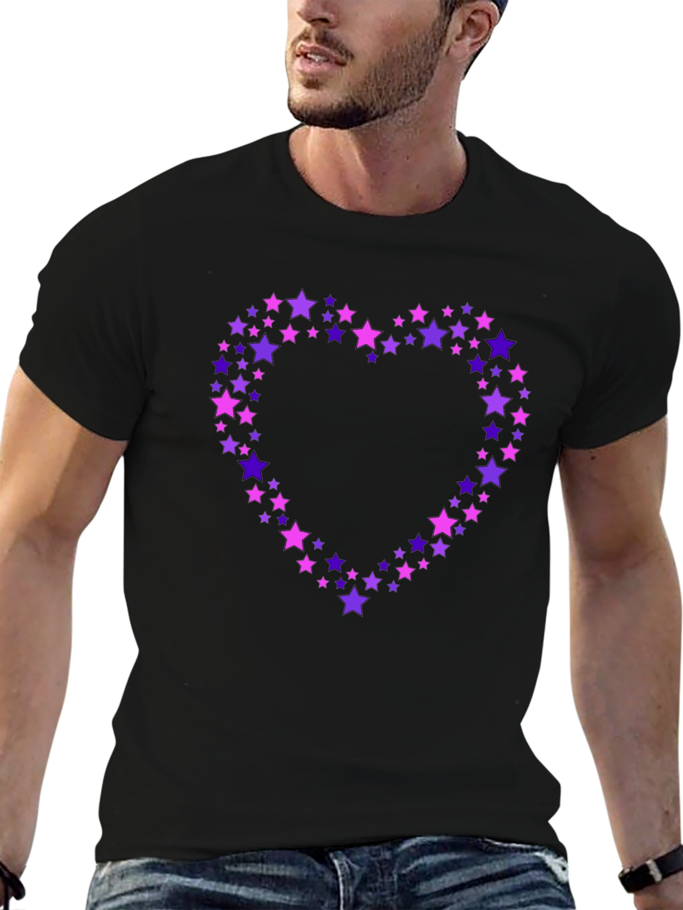 Star Heart Tee - Black Crew Neck Cotton T-Shirt