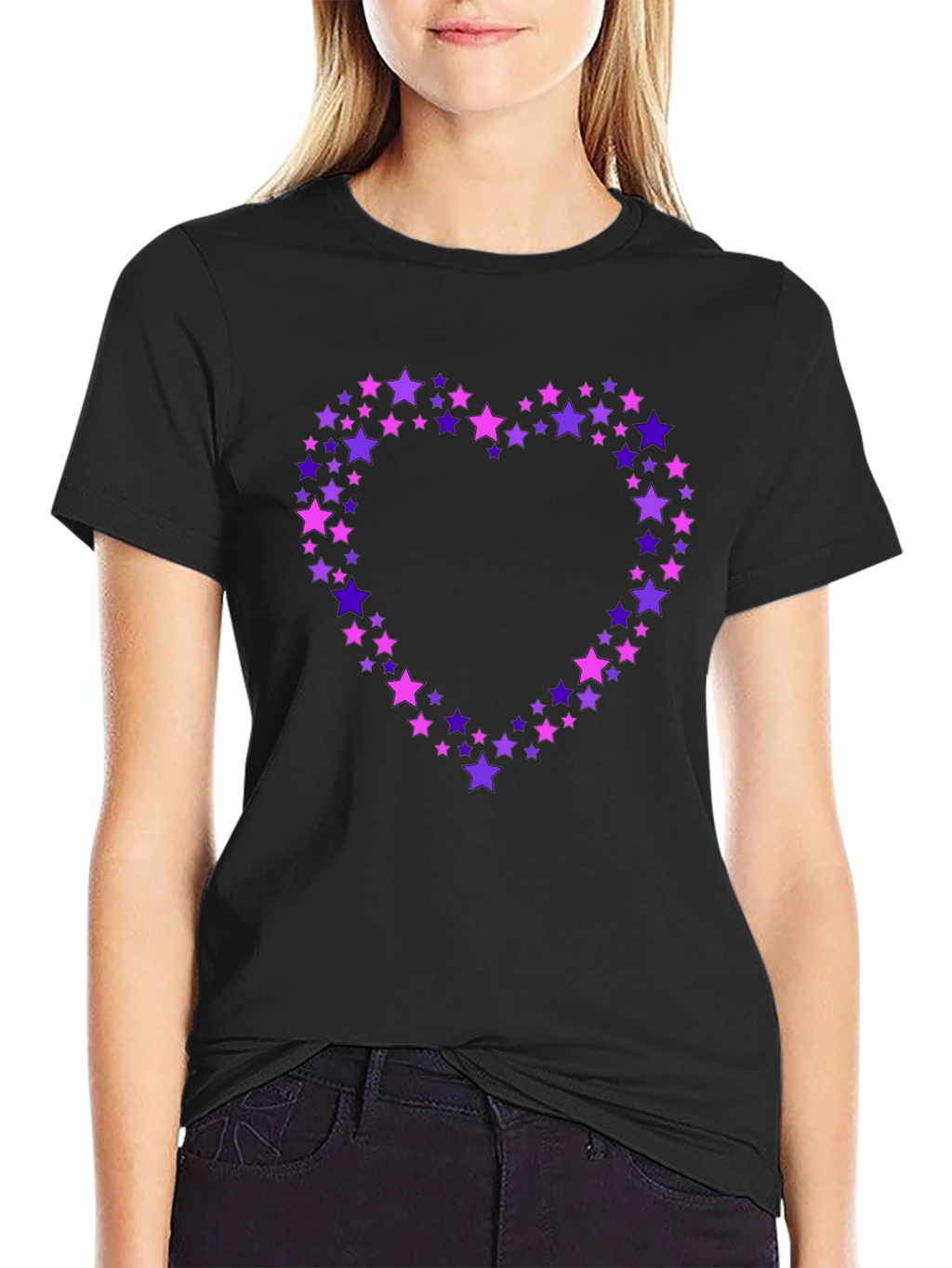 Star Heart Tee - Black Crew Neck Cotton T-Shirt