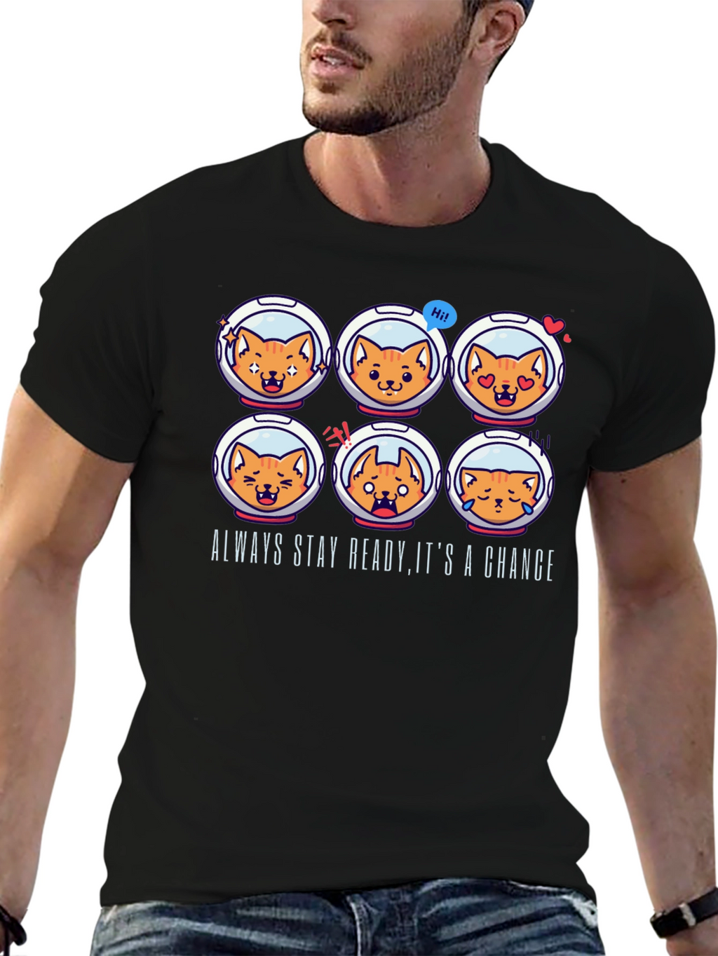Astronaut Cat Emoji T-Shirt: Always Stay Ready