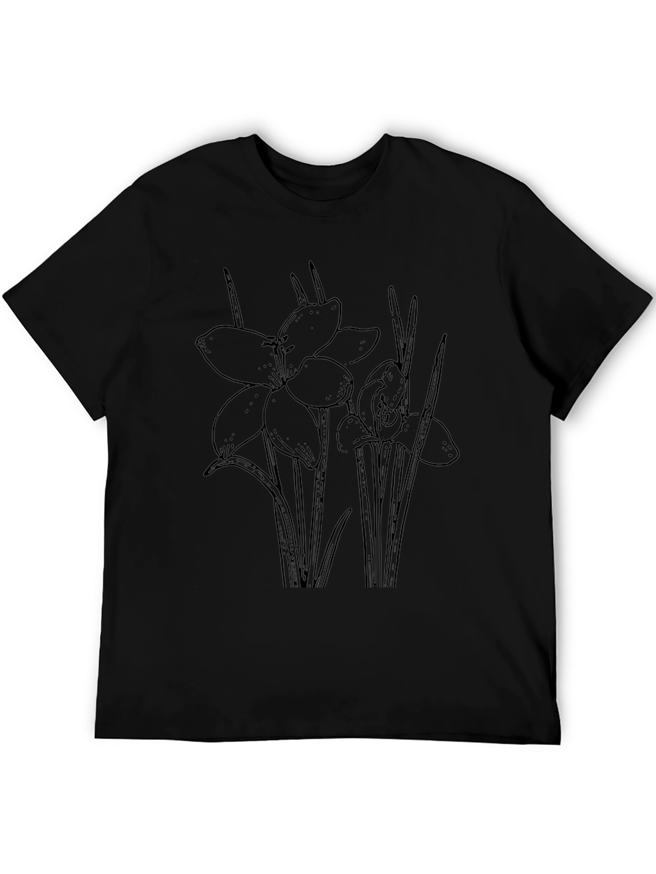 Floral Line Art Black Tee - Stylish Botanical Design