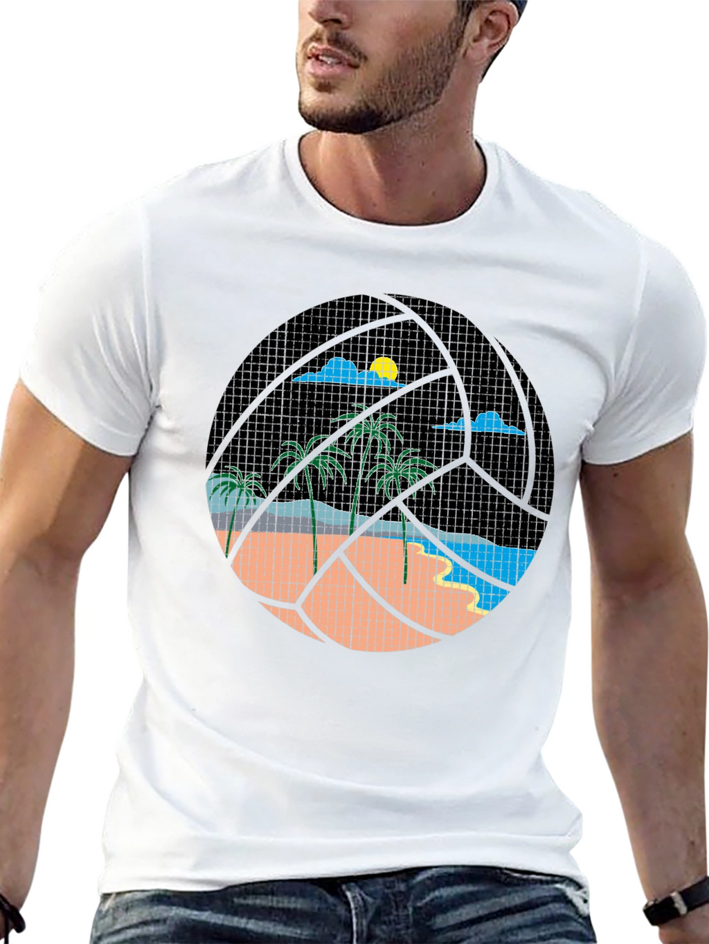 Tropical Beach Volleyball Graphic Tee - Black