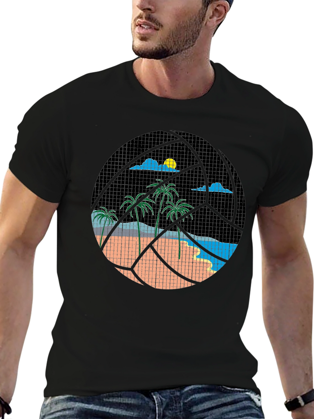 Tropical Beach Volleyball Graphic Tee - Black