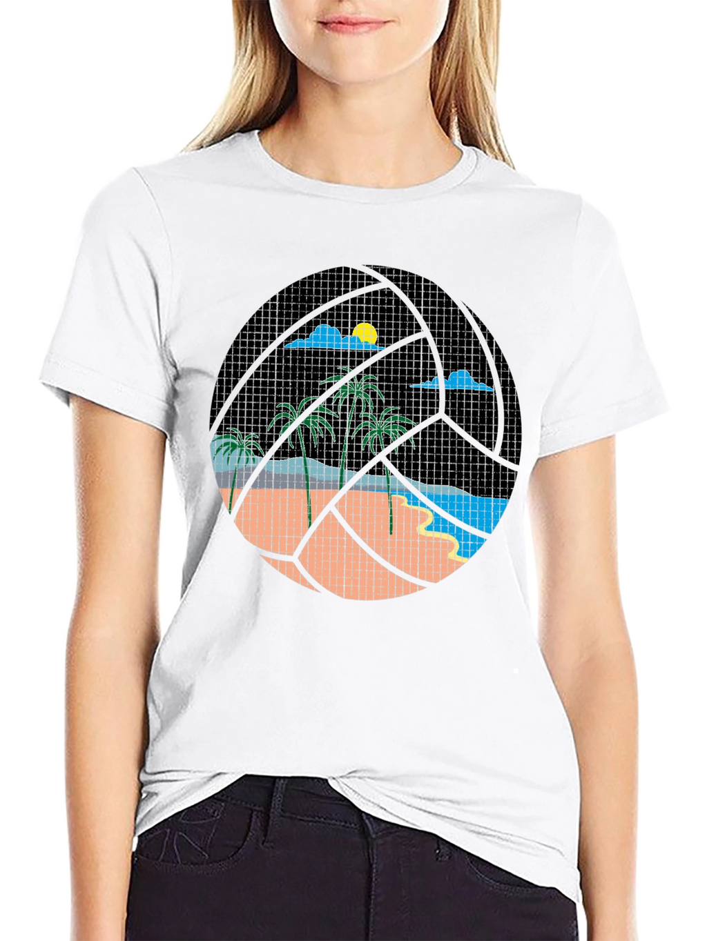 Tropical Beach Volleyball Graphic Tee - Black